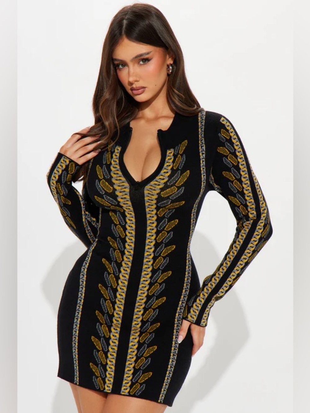 Long Sleeve Black Knit Bodycon Dress with Gold Pattern